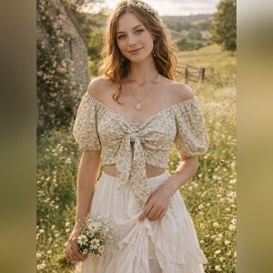 NWT Lush Floral Creamy Yellow Puff Sleeve Tie Front Top Size Medium